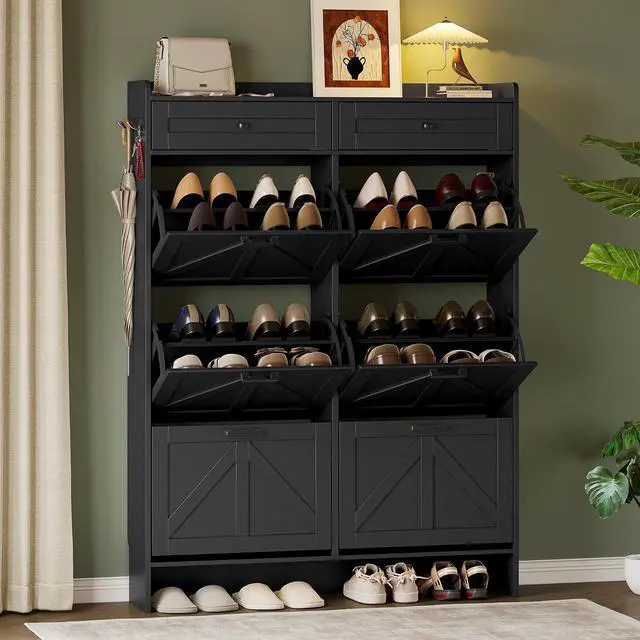 Main image of Shoe Cabinet for Entryway, Farmhouse Shoe Storage Cabinet with 6 Flip Drawers and 2 Top Drawers, Tall Narrow Shoe Organizer Cabinet with Adjustable Shelves, Side Hooks and Anti-Tip Kit