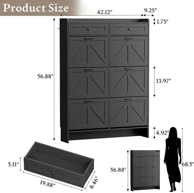 Alt view image 2 of 7 - Shoe Cabinet for Entryway, Farmhouse Shoe Storage Cabinet with 6 Flip Drawers and 2 Top Drawers, Tall Narrow Shoe Organizer Cabinet with Adjustable Shelves, Side Hooks and Anti-Tip Kit