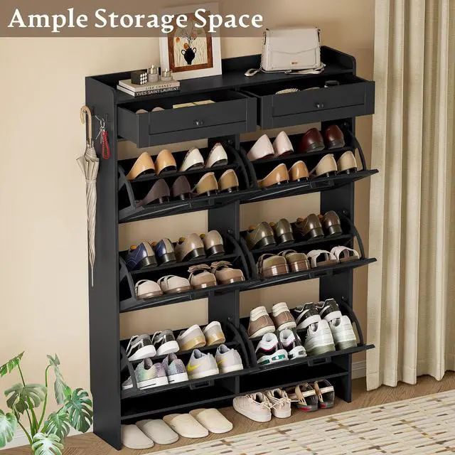 Alt view image 3 of 7 - Shoe Cabinet for Entryway, Farmhouse Shoe Storage Cabinet with 6 Flip Drawers and 2 Top Drawers, Tall Narrow Shoe Organizer Cabinet with Adjustable Shelves, Side Hooks and Anti-Tip Kit