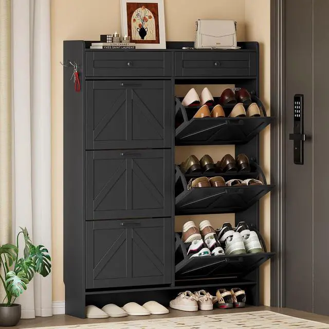 Alt view image 4 of 7 - Shoe Cabinet for Entryway, Farmhouse Shoe Storage Cabinet with 6 Flip Drawers and 2 Top Drawers, Tall Narrow Shoe Organizer Cabinet with Adjustable Shelves, Side Hooks and Anti-Tip Kit