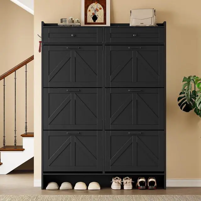 Alt view image 5 of 7 - Shoe Cabinet for Entryway, Farmhouse Shoe Storage Cabinet with 6 Flip Drawers and 2 Top Drawers, Tall Narrow Shoe Organizer Cabinet with Adjustable Shelves, Side Hooks and Anti-Tip Kit