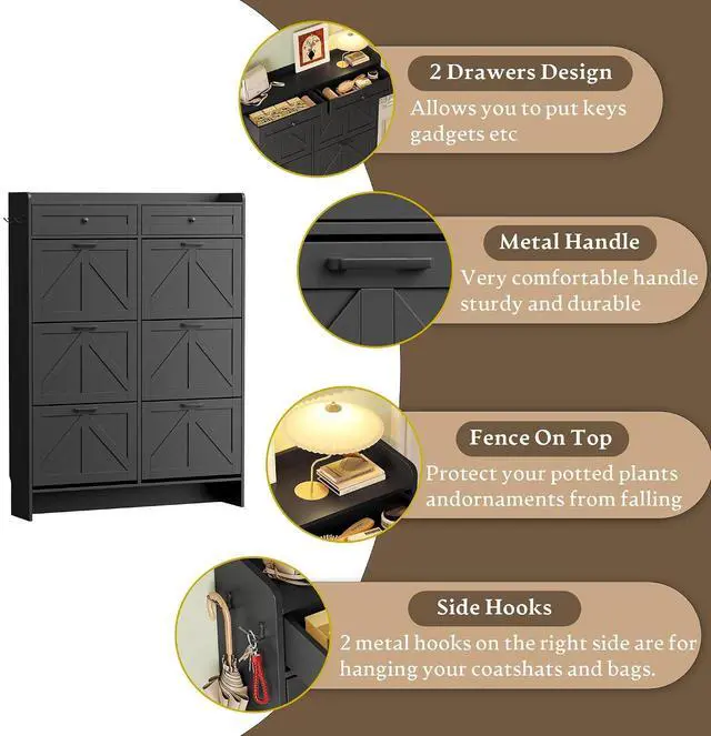 Alt view image 6 of 7 - Shoe Cabinet for Entryway, Farmhouse Shoe Storage Cabinet with 6 Flip Drawers and 2 Top Drawers, Tall Narrow Shoe Organizer Cabinet with Adjustable Shelves, Side Hooks and Anti-Tip Kit