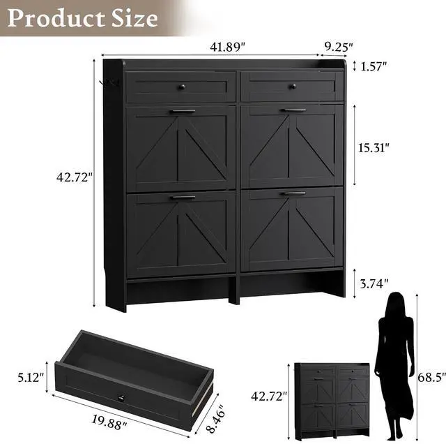 Alt view image 2 of 7 - Shoe Storage Cabinet for Entryway, Farmhouse Wide Shoe Cabinet with 4 Flip Drawers and 2 Top Drawers, Freestanding Organizer with Adjustable Shelves, Hooks, and Anti-Tip Kit for Hallway