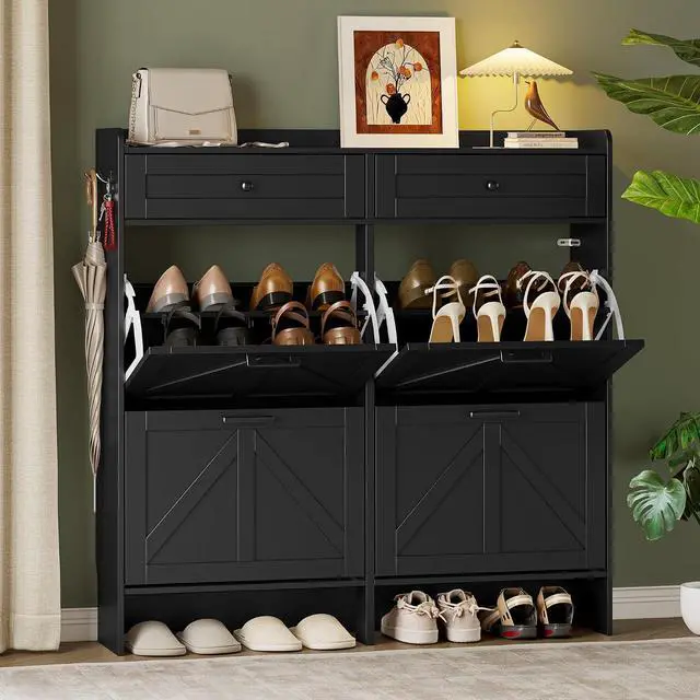 Main image of Shoe Storage Cabinet for Entryway, Farmhouse Wide Shoe Cabinet with 4 Flip Drawers and 2 Top Drawers, Freestanding Organizer with Adjustable Shelves, Hooks, and Anti-Tip Kit for Hallway