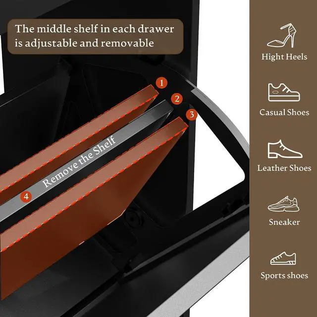 Alt view image 7 of 7 - Shoe Cabinet for Entryway, Farmhouse Shoe Storage Cabinet with 6 Flip Drawers and 2 Top Drawers, Tall Narrow Shoe Organizer Cabinet with Adjustable Shelves, Side Hooks and Anti-Tip Kit