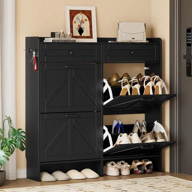Alt view image 4 of 7 - Shoe Storage Cabinet for Entryway, Farmhouse Wide Shoe Cabinet with 4 Flip Drawers and 2 Top Drawers, Freestanding Organizer with Adjustable Shelves, Hooks, and Anti-Tip Kit for Hallway