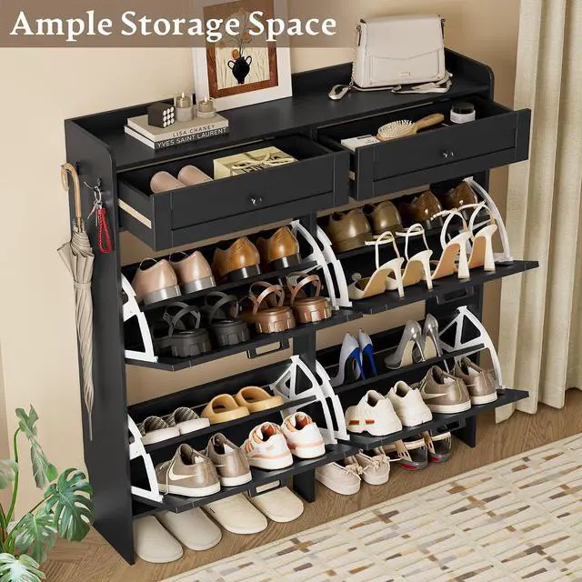 Alt view image 3 of 7 - Shoe Storage Cabinet for Entryway, Farmhouse Wide Shoe Cabinet with 4 Flip Drawers and 2 Top Drawers, Freestanding Organizer with Adjustable Shelves, Hooks, and Anti-Tip Kit for Hallway
