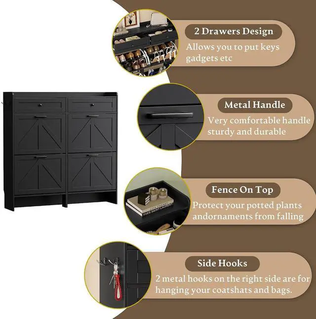 Alt view image 5 of 7 - Shoe Storage Cabinet for Entryway, Farmhouse Wide Shoe Cabinet with 4 Flip Drawers and 2 Top Drawers, Freestanding Organizer with Adjustable Shelves, Hooks, and Anti-Tip Kit for Hallway