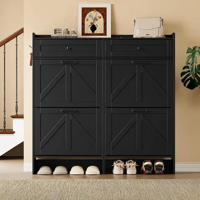 Alt view image 6 of 7 - Shoe Storage Cabinet for Entryway, Farmhouse Wide Shoe Cabinet with 4 Flip Drawers and 2 Top Drawers, Freestanding Organizer with Adjustable Shelves, Hooks, and Anti-Tip Kit for Hallway