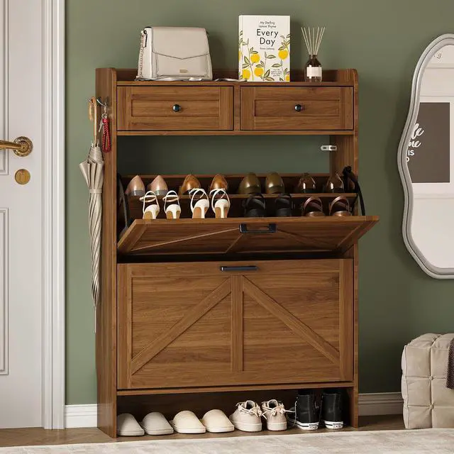 Main image of Shoe Storage Cabinet for Entryway, Farmhouse Narrow Shoe Cabinet with 2 Flip Drawers & Top Drawers, Adjustable Shelves & Hooks, Freestanding Hidden Rack Organizer for Hallway, Foyer
