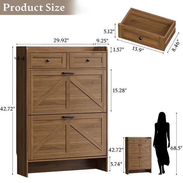 Alt view image 2 of 7 - Shoe Storage Cabinet for Entryway, Farmhouse Narrow Shoe Cabinet with 2 Flip Drawers & Top Drawers, Adjustable Shelves & Hooks, Freestanding Hidden Rack Organizer for Hallway, Foyer