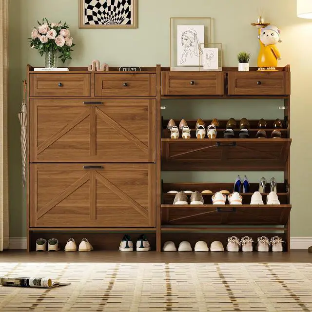 Alt view image 4 of 7 - Shoe Storage Cabinet for Entryway, Farmhouse Narrow Shoe Cabinet with 2 Flip Drawers & Top Drawers, Adjustable Shelves & Hooks, Freestanding Hidden Rack Organizer for Hallway, Foyer
