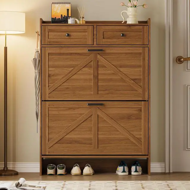 Alt view image 5 of 7 - Shoe Storage Cabinet for Entryway, Farmhouse Narrow Shoe Cabinet with 2 Flip Drawers & Top Drawers, Adjustable Shelves & Hooks, Freestanding Hidden Rack Organizer for Hallway, Foyer