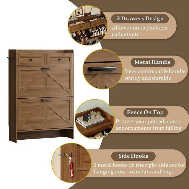 Alt view image 6 of 7 - Shoe Storage Cabinet for Entryway, Farmhouse Narrow Shoe Cabinet with 2 Flip Drawers & Top Drawers, Adjustable Shelves & Hooks, Freestanding Hidden Rack Organizer for Hallway, Foyer