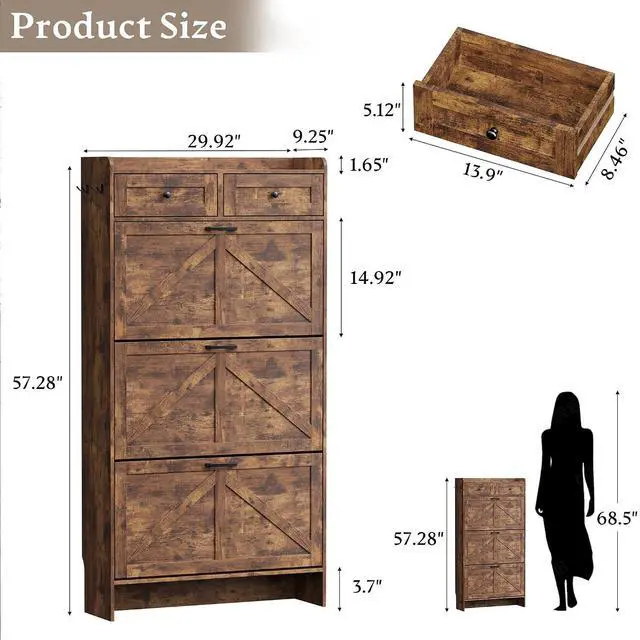Alt view image 2 of 7 - Shoe Storage Cabinet for Entryway, Farmhouse Narrow Shoe Cabinet with 3 Flip Drawers & 2 Top Drawers, Adjustable Shelves & Hooks, Freestanding Hidden Rack Organizer for Hallway, Foyer