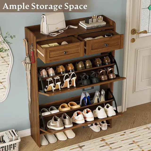 Alt view image 3 of 7 - Shoe Storage Cabinet for Entryway, Farmhouse Narrow Shoe Cabinet with 2 Flip Drawers & Top Drawers, Adjustable Shelves & Hooks, Freestanding Hidden Rack Organizer for Hallway, Foyer