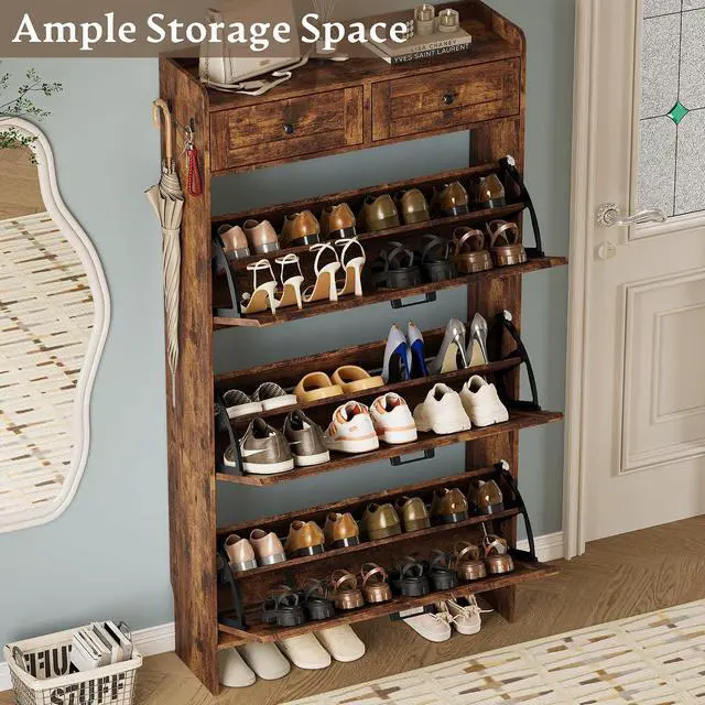Alt view image 3 of 7 - Shoe Storage Cabinet for Entryway, Farmhouse Narrow Shoe Cabinet with 3 Flip Drawers & 2 Top Drawers, Adjustable Shelves & Hooks, Freestanding Hidden Rack Organizer for Hallway, Foyer