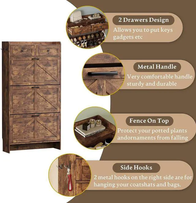 Alt view image 6 of 7 - Shoe Storage Cabinet for Entryway, Farmhouse Narrow Shoe Cabinet with 3 Flip Drawers & 2 Top Drawers, Adjustable Shelves & Hooks, Freestanding Hidden Rack Organizer for Hallway, Foyer
