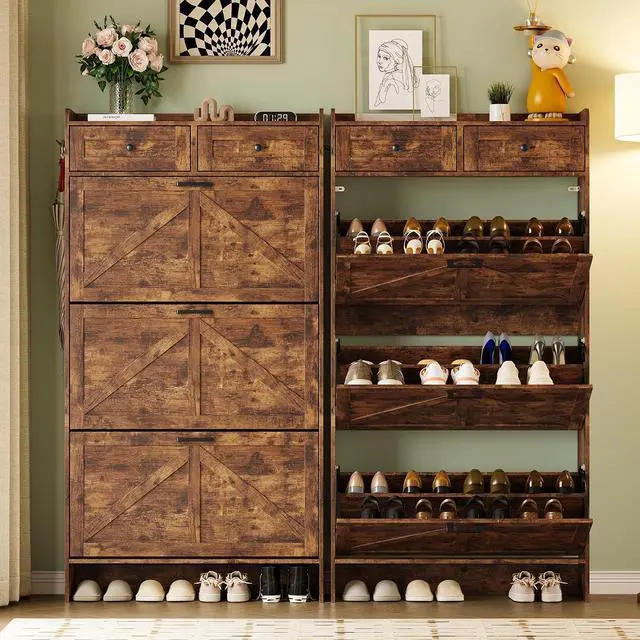 Alt view image 4 of 7 - Shoe Storage Cabinet for Entryway, Farmhouse Narrow Shoe Cabinet with 3 Flip Drawers & 2 Top Drawers, Adjustable Shelves & Hooks, Freestanding Hidden Rack Organizer for Hallway, Foyer