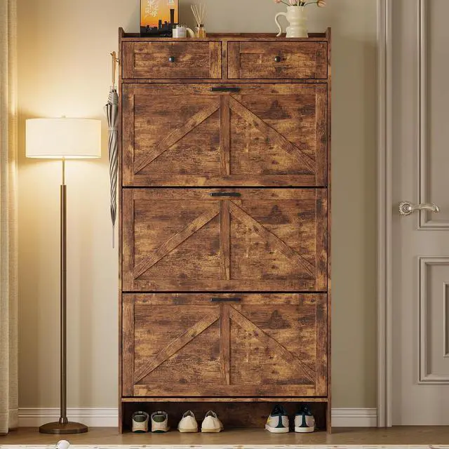 Alt view image 5 of 7 - Shoe Storage Cabinet for Entryway, Farmhouse Narrow Shoe Cabinet with 3 Flip Drawers & 2 Top Drawers, Adjustable Shelves & Hooks, Freestanding Hidden Rack Organizer for Hallway, Foyer