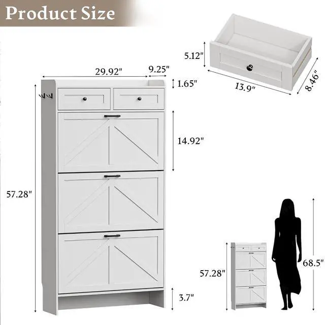 Alt view image 2 of 7 - Shoe Storage Cabinet for Entryway, Farmhouse Narrow Shoe Cabinet with 3 Flip Drawers & 2 Top Drawers, Adjustable Shelves & Hooks, Freestanding Hidden Rack Organizer for Hallway, Foyer