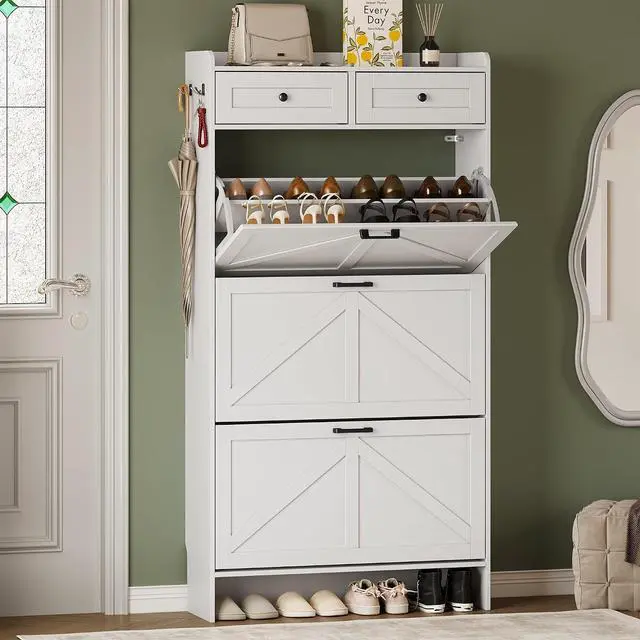 Main image of Shoe Storage Cabinet for Entryway, Farmhouse Narrow Shoe Cabinet with 3 Flip Drawers & 2 Top Drawers, Adjustable Shelves & Hooks, Freestanding Hidden Rack Organizer for Hallway, Foyer
