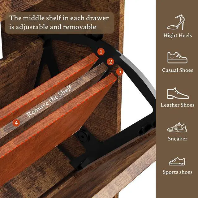 Alt view image 7 of 7 - Shoe Storage Cabinet for Entryway, Farmhouse Narrow Shoe Cabinet with 3 Flip Drawers & 2 Top Drawers, Adjustable Shelves & Hooks, Freestanding Hidden Rack Organizer for Hallway, Foyer