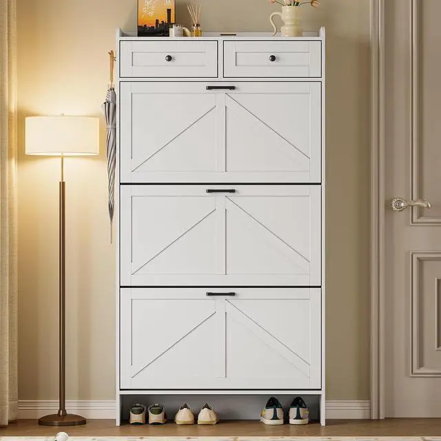 Alt view image 5 of 7 - Shoe Storage Cabinet for Entryway, Farmhouse Narrow Shoe Cabinet with 3 Flip Drawers & 2 Top Drawers, Adjustable Shelves & Hooks, Freestanding Hidden Rack Organizer for Hallway, Foyer