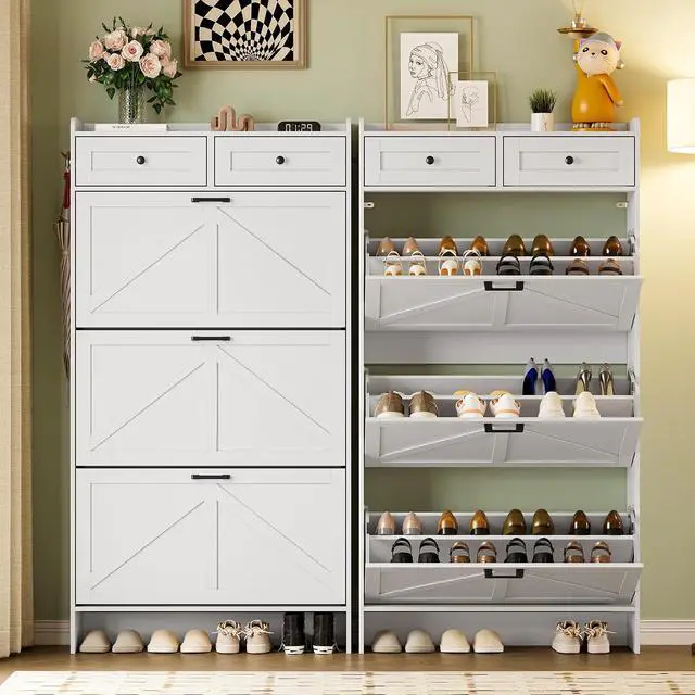 Alt view image 4 of 7 - Shoe Storage Cabinet for Entryway, Farmhouse Narrow Shoe Cabinet with 3 Flip Drawers & 2 Top Drawers, Adjustable Shelves & Hooks, Freestanding Hidden Rack Organizer for Hallway, Foyer