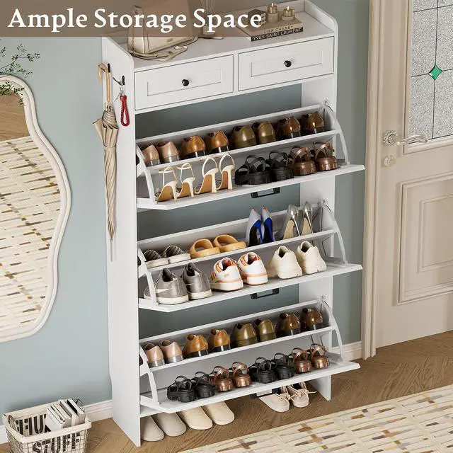 Alt view image 3 of 7 - Shoe Storage Cabinet for Entryway, Farmhouse Narrow Shoe Cabinet with 3 Flip Drawers & 2 Top Drawers, Adjustable Shelves & Hooks, Freestanding Hidden Rack Organizer for Hallway, Foyer