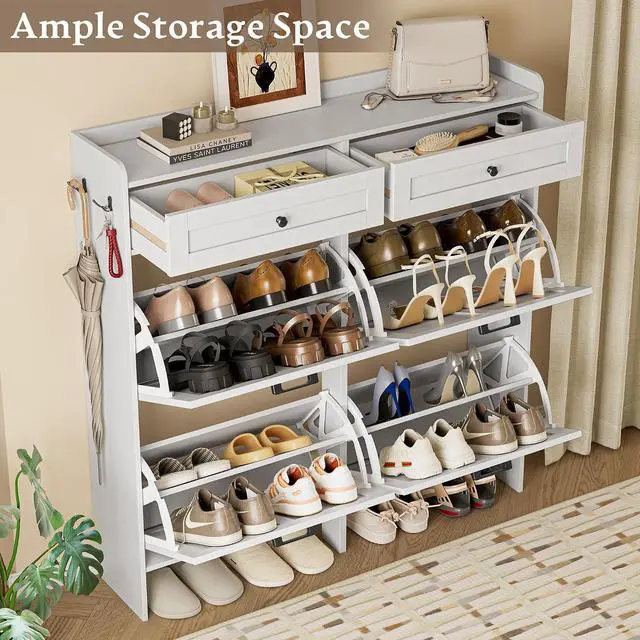 Alt view image 3 of 7 - Shoe Storage Cabinet for Entryway, Farmhouse Wide Shoe Cabinet with 4 Flip Drawers and 2 Top Drawers, Freestanding Organizer with Adjustable Shelves, Hooks, and Anti-Tip Kit for Hallway