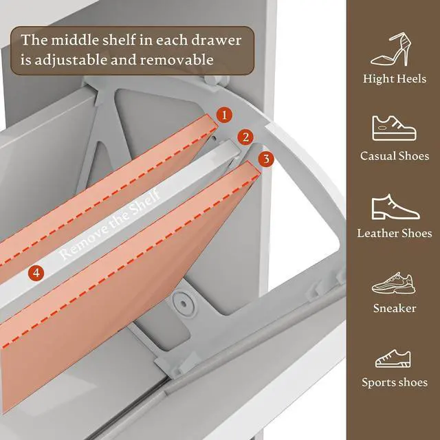 Alt view image 7 of 7 - Shoe Storage Cabinet for Entryway, Farmhouse Narrow Shoe Cabinet with 3 Flip Drawers & 2 Top Drawers, Adjustable Shelves & Hooks, Freestanding Hidden Rack Organizer for Hallway, Foyer