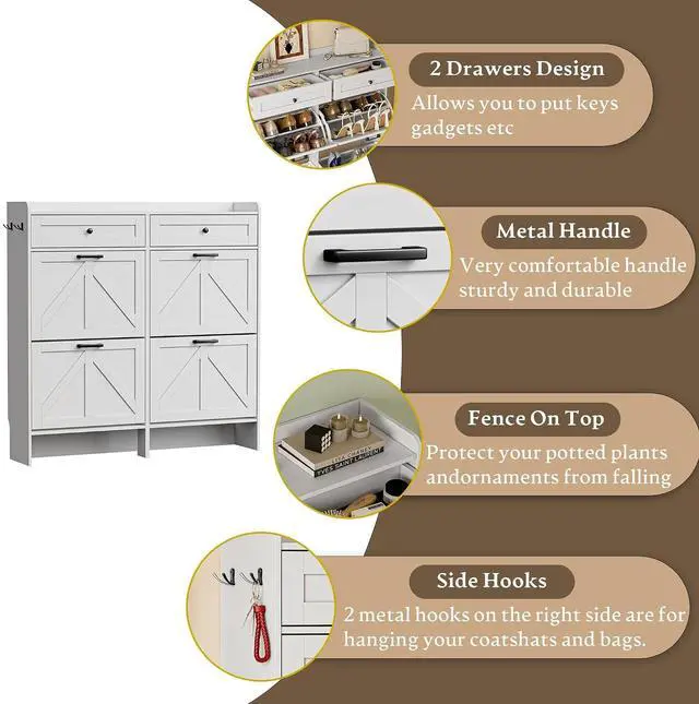 Alt view image 5 of 7 - Shoe Storage Cabinet for Entryway, Farmhouse Wide Shoe Cabinet with 4 Flip Drawers and 2 Top Drawers, Freestanding Organizer with Adjustable Shelves, Hooks, and Anti-Tip Kit for Hallway