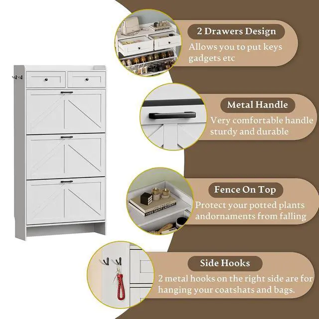 Alt view image 6 of 7 - Shoe Storage Cabinet for Entryway, Farmhouse Narrow Shoe Cabinet with 3 Flip Drawers & 2 Top Drawers, Adjustable Shelves & Hooks, Freestanding Hidden Rack Organizer for Hallway, Foyer