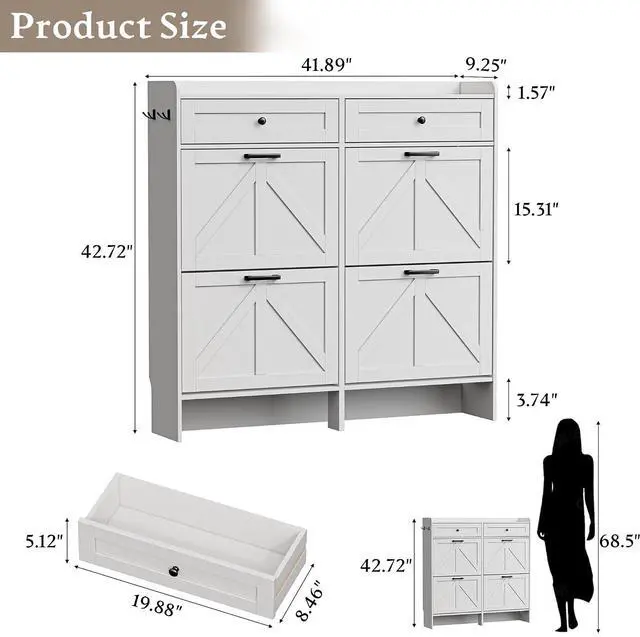 Alt view image 2 of 7 - Shoe Storage Cabinet for Entryway, Farmhouse Wide Shoe Cabinet with 4 Flip Drawers and 2 Top Drawers, Freestanding Organizer with Adjustable Shelves, Hooks, and Anti-Tip Kit for Hallway