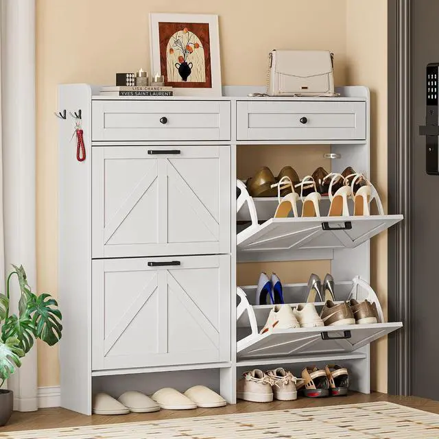 Alt view image 4 of 7 - Shoe Storage Cabinet for Entryway, Farmhouse Wide Shoe Cabinet with 4 Flip Drawers and 2 Top Drawers, Freestanding Organizer with Adjustable Shelves, Hooks, and Anti-Tip Kit for Hallway