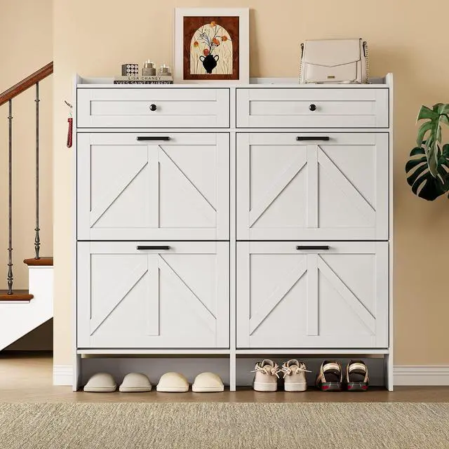 Alt view image 6 of 7 - Shoe Storage Cabinet for Entryway, Farmhouse Wide Shoe Cabinet with 4 Flip Drawers and 2 Top Drawers, Freestanding Organizer with Adjustable Shelves, Hooks, and Anti-Tip Kit for Hallway