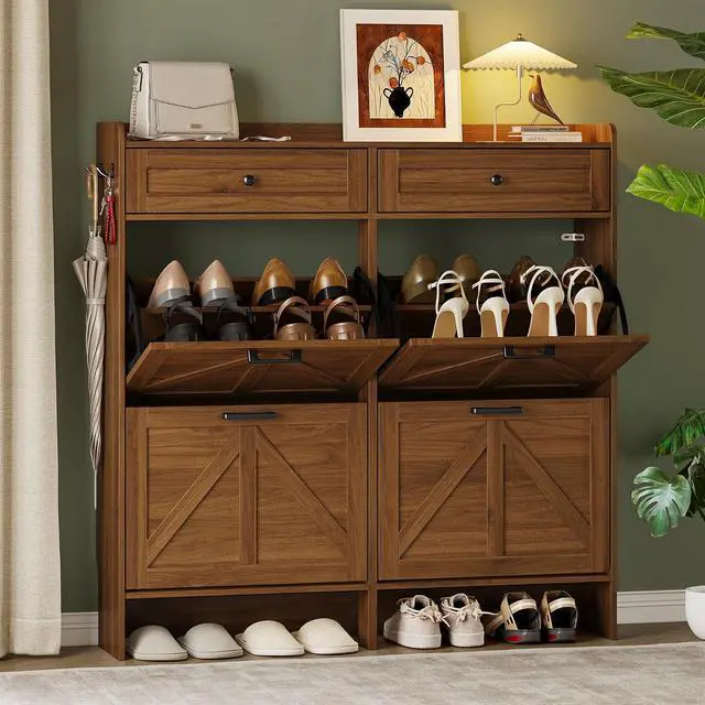 Main image of Shoe Storage Cabinet for Entryway, Farmhouse Wide Shoe Cabinet with 4 Flip Drawers and 2 Top Drawers, Freestanding Organizer with Adjustable Shelves, Hooks, and Anti-Tip Kit for Hallway