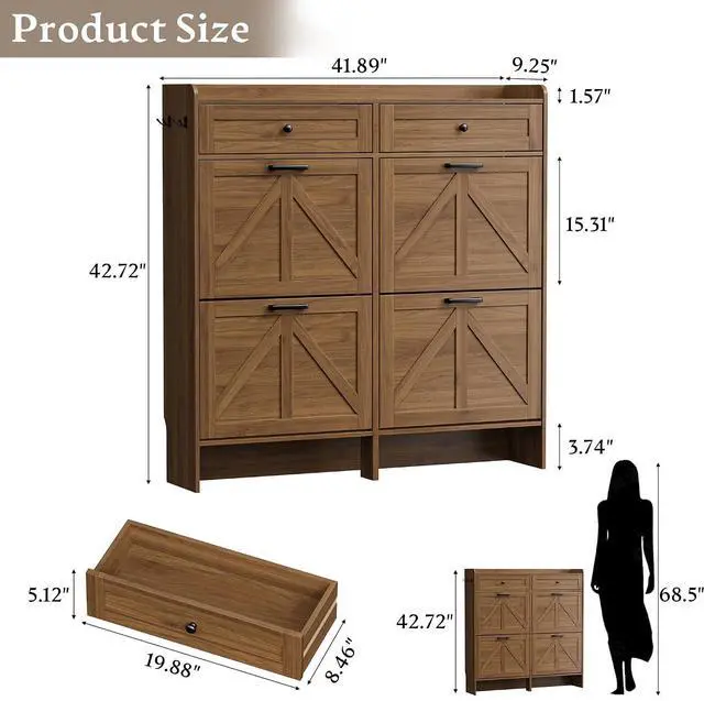 Alt view image 2 of 7 - Shoe Storage Cabinet for Entryway, Farmhouse Wide Shoe Cabinet with 4 Flip Drawers and 2 Top Drawers, Freestanding Organizer with Adjustable Shelves, Hooks, and Anti-Tip Kit for Hallway