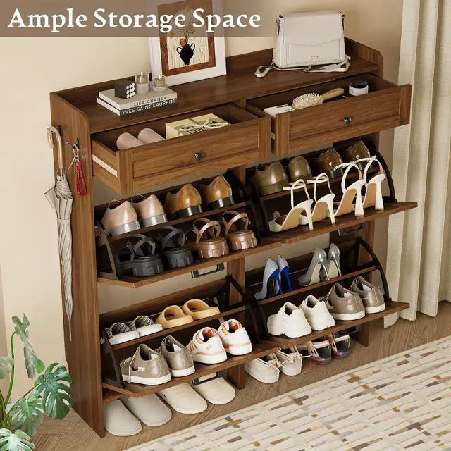 Alt view image 3 of 7 - Shoe Storage Cabinet for Entryway, Farmhouse Wide Shoe Cabinet with 4 Flip Drawers and 2 Top Drawers, Freestanding Organizer with Adjustable Shelves, Hooks, and Anti-Tip Kit for Hallway