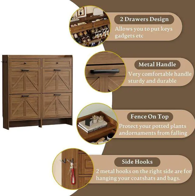 Alt view image 6 of 7 - Shoe Storage Cabinet for Entryway, Farmhouse Wide Shoe Cabinet with 4 Flip Drawers and 2 Top Drawers, Freestanding Organizer with Adjustable Shelves, Hooks, and Anti-Tip Kit for Hallway