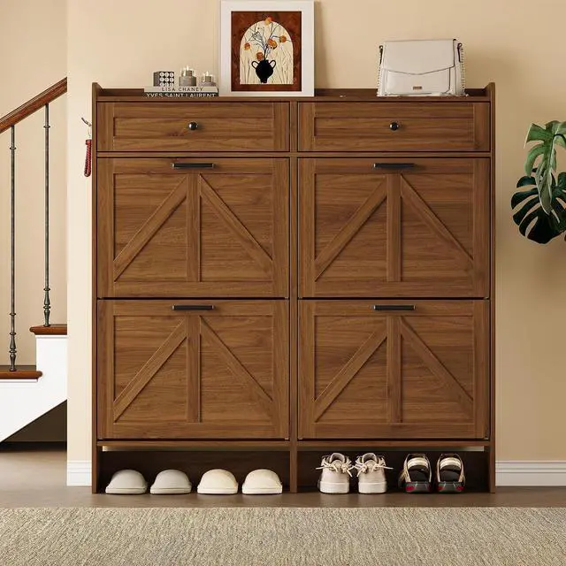 Alt view image 5 of 7 - Shoe Storage Cabinet for Entryway, Farmhouse Wide Shoe Cabinet with 4 Flip Drawers and 2 Top Drawers, Freestanding Organizer with Adjustable Shelves, Hooks, and Anti-Tip Kit for Hallway