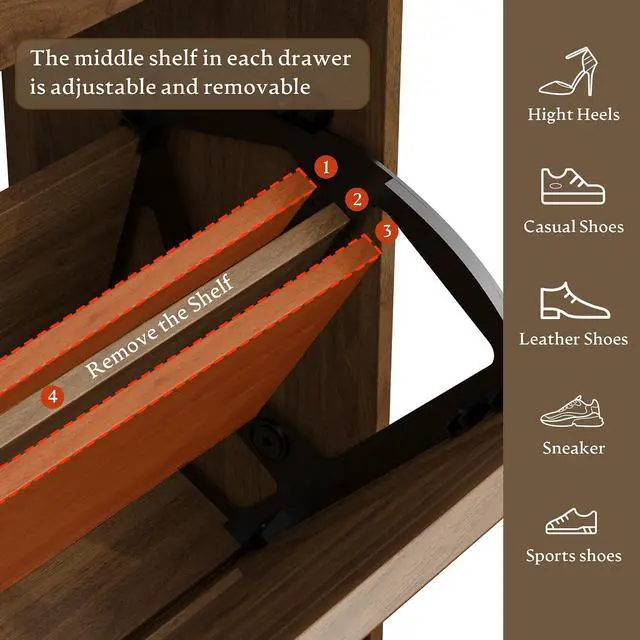 Alt view image 7 of 7 - Shoe Storage Cabinet for Entryway, Farmhouse Narrow Shoe Cabinet with 2 Flip Drawers & Top Drawers, Adjustable Shelves & Hooks, Freestanding Hidden Rack Organizer for Hallway, Foyer