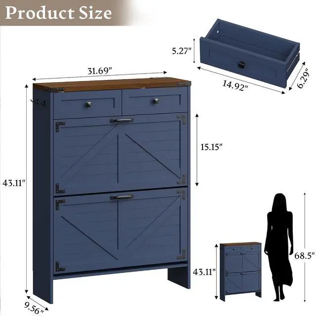 Alt view image 2 of 7 - Shoe Cabinet with Odor Control Deodorizer and Back Panel, Farmhouse Narrow Shoe Storage Cabinet Rack for Entryway with 2 Flip Drawers and 2 Top Drawers, Adjustable Shelves, Side Hooks