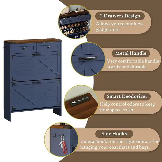 Alt view image 5 of 7 - Shoe Cabinet with Odor Control Deodorizer and Back Panel, Farmhouse Narrow Shoe Storage Cabinet Rack for Entryway with 2 Flip Drawers and 2 Top Drawers, Adjustable Shelves, Side Hooks