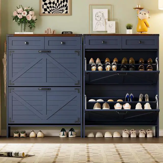 Alt view image 4 of 7 - Shoe Cabinet with Odor Control Deodorizer and Back Panel, Farmhouse Narrow Shoe Storage Cabinet Rack for Entryway with 2 Flip Drawers and 2 Top Drawers, Adjustable Shelves, Side Hooks