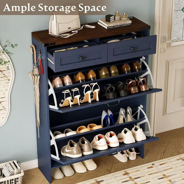 Alt view image 3 of 7 - Shoe Cabinet with Odor Control Deodorizer and Back Panel, Farmhouse Narrow Shoe Storage Cabinet Rack for Entryway with 2 Flip Drawers and 2 Top Drawers, Adjustable Shelves, Side Hooks