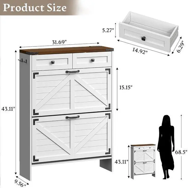 Alt view image 2 of 7 - Shoe Cabinet with Odor Control Deodorizer and Back Panel, Farmhouse Narrow Shoe Storage Cabinet Rack for Entryway with 2 Flip Drawers and 2 Top Drawers, Adjustable Shelves, Side Hooks