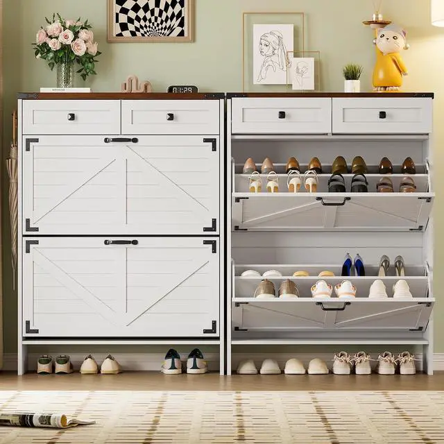 Alt view image 4 of 7 - Shoe Cabinet with Odor Control Deodorizer and Back Panel, Farmhouse Narrow Shoe Storage Cabinet Rack for Entryway with 2 Flip Drawers and 2 Top Drawers, Adjustable Shelves, Side Hooks