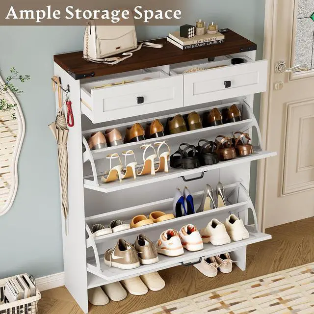 Alt view image 3 of 7 - Shoe Cabinet with Odor Control Deodorizer and Back Panel, Farmhouse Narrow Shoe Storage Cabinet Rack for Entryway with 2 Flip Drawers and 2 Top Drawers, Adjustable Shelves, Side Hooks
